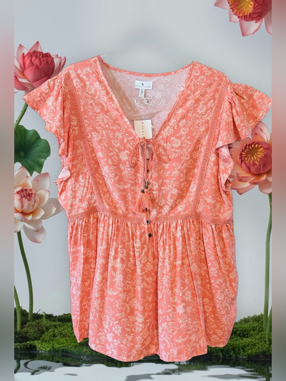 True Craft NWT Coral Floral Tassel V-Neck Flutter Sleeve Tunic size XL